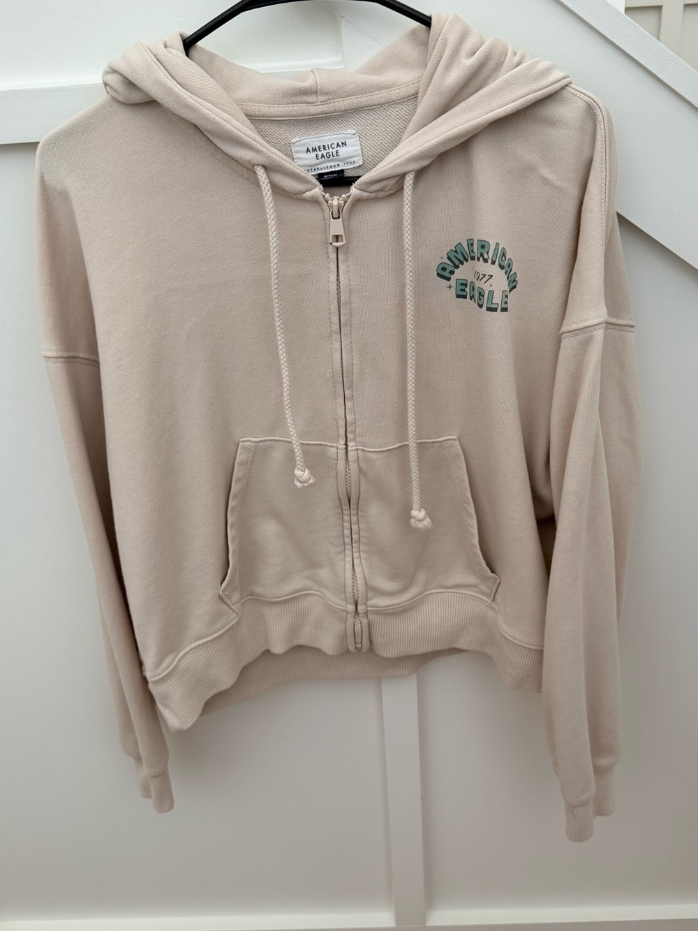 American Eagle Outfitters Beige Cropped Zip Hoodie with Green Logo